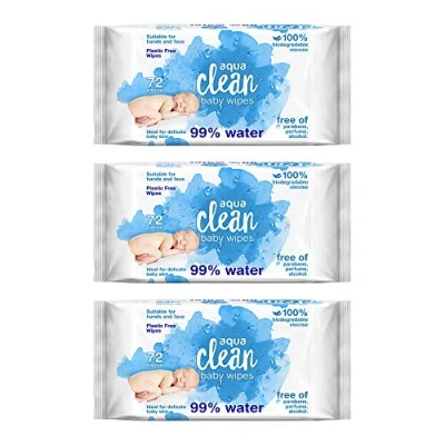 Image of 3 Pack Aqua Clean Baby Wet Wipes (72 Wipes) 99% Water 100% Biodegradable Plastic Free
