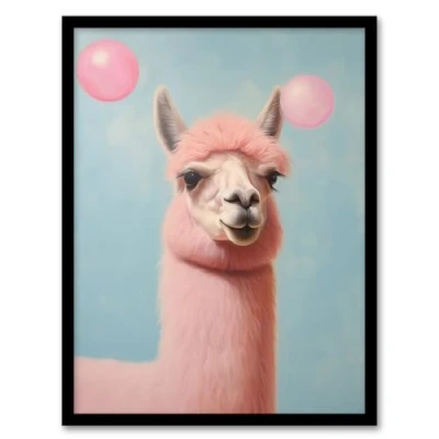 Image of Wee Blue Coo Bubblegum Llama Pastel Pink Fun Kids Art Print Framed Poster Wall Decor 12x16 inch