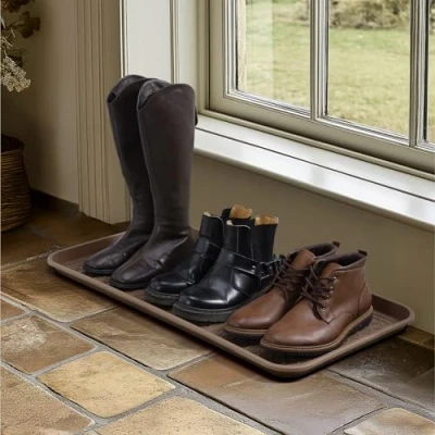 Image of Navaris Shoe Drip Tray Waterproof Indoor or Outdoor Welly Boot Storage Mat for Wellies, Muddy Boots, Rain Boots Rack Stand Accessory Set of 3 Brown