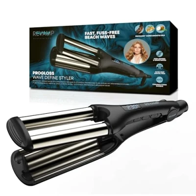 Image of Revamp Progloss Wave Define Styler Professional 3 Barrel Waver for Defined S Shaped Waves, Fuss Free Beachwaver with Variable Heat Options &amp; Auto Shut Off