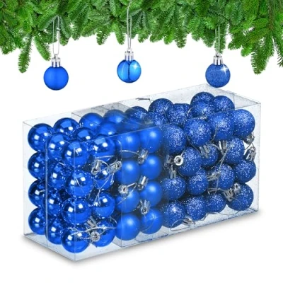 Image of Relaxdays Christmas Baubles Set of 96, Glittering, Matt and Sparkles, Plastic, Traditional Spheres, Decorations, Blue, 4 x 3 cm