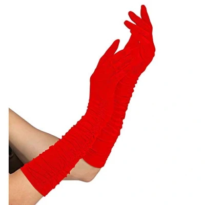 Image of Plisse Lycra Red Satin &amp; Sequin Gloves for Fancy Dress Costumes Accessory