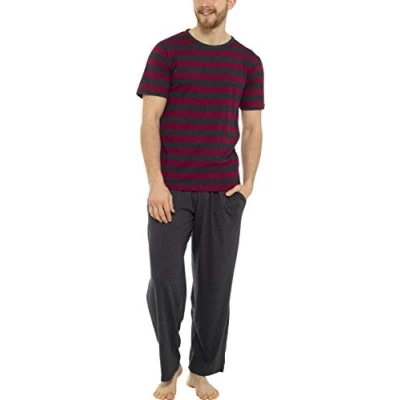 Image of Tom Franks Mens Stripe Cotton Jersey Long Pyjamas Red &amp; Grey Large