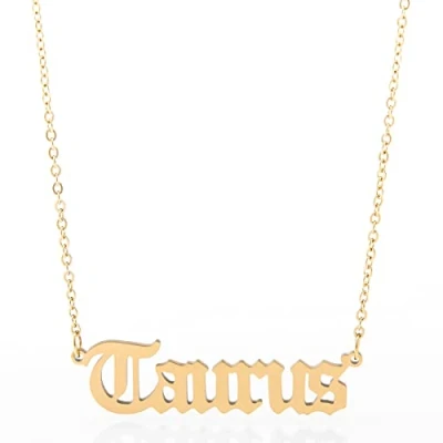 Image of Minegreet Old English Zodiac Necklace for Women, Horoscope Birth Star Sign Letter Astrology Constellation Birthday Gift (Taurus Gold)