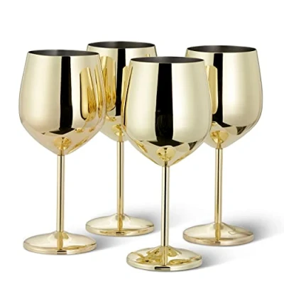 Image of Oak &amp; Steel 4 Gold Wine Glass Gift Set Stainless Shatterproof Party Glasses, 520ml