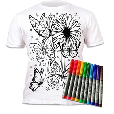 Image of Splat Planet Colour in Butterflies and Flowers T Shirt with 10 Non Toxic Washable Magic Pens Wash Out (5 6 Years) White