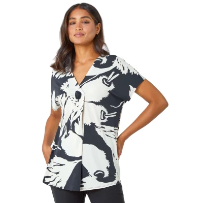 Image of Roman Originals Tie Dye Button Detail Top for Women UK Ladies Everyday Holiday Spring Summer V Neckline Comfy Soft Evening Vacation Work Party Black Size 10