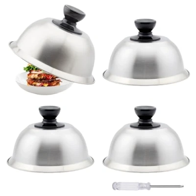 Image of Steel Hamburger Hood, 4 Pieces, Cloche for 16 x 10 cm, Hoods, Stainless Bell with Mini Screwdriver, Grilling, Cheese,