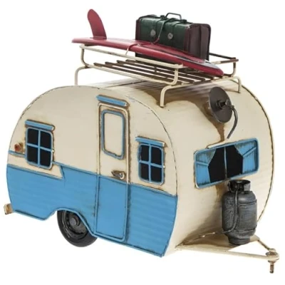 Image of Tamersgifts Metal Tin Vintage Collectible Models Classic Transport Cars Scooters Motorbikes Planes Trains Tractors (Blue Caravan Model)