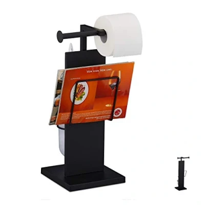 Image of Relaxdays WC Set, with Toilet Brush and Holder, Loo Roll &amp; Newspaper Storage, Standing, Metal, 48.5 x 25.5 20cm, Black