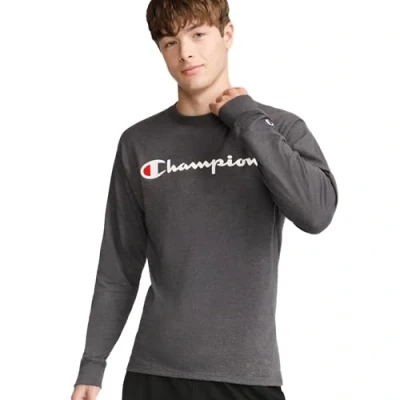Image of Champion Men&#039;s Classic Long Sleeve Tee, T Shirt, Granite Heather Script, M