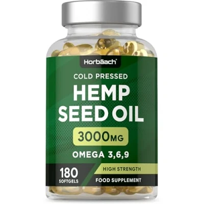 Image of Hemp Seed Oil Capsules High Strength 180 Count 3000mg Cold Pressed Supplement with Omega 3 6 and 9 No Artificial Preservatives by Horbaach