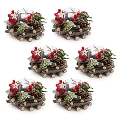 Image of Set Of 6 Christmas Tealight Candle Holder Berry &amp; Pinecone Table Centrepiece Decorations Wreath Tea Light For Dining