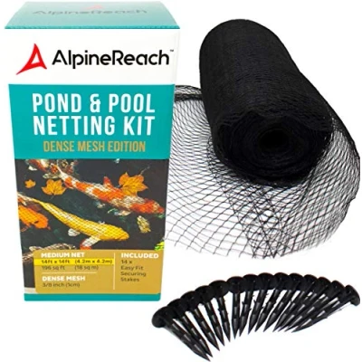 Image of AlpineReach Koi Pond Netting Kit 4.5m x Black Heavy Duty Woven Fine Mesh Net Cover for Leaves Protects Fish from Blue Heron Birds Cats Predators UV Protection Reusable &amp; Stakes Included
