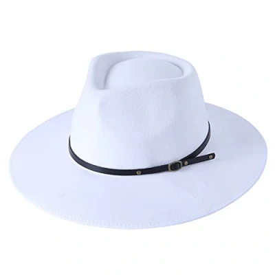 Image of Aurlust Women Fashion Hat, Retro Felt Panama Hat with Belt Buckle Boho, Wool Wide Brim Fedora for Fall Winter (White, One Size)