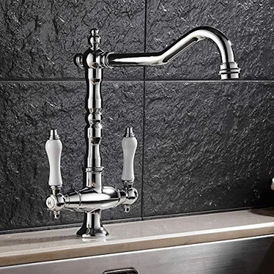 Image of Sink Mixer Tap Double Handle Solid Brass Kitchen Antique Bronze Georgian Classic Faucet Dual Lever with UK Standard Fittings (#3)