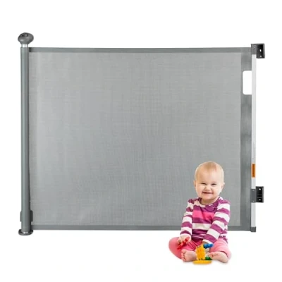 Image of Relaxdays Extendable Stair Gate, Opening Width 70 140 cm, Wall Mounted, for Children &amp; Pets, Door Safety Mesh, Grey, 85.5 x 145.5 9 cm