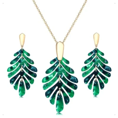 Image of KONFEN Jewellery Set for Women, Green Leaf Long Necklaces Earrings Set, Acrylic Necklace Christmas, Necklace/Double Layer Jewelry Gift Vintage Women