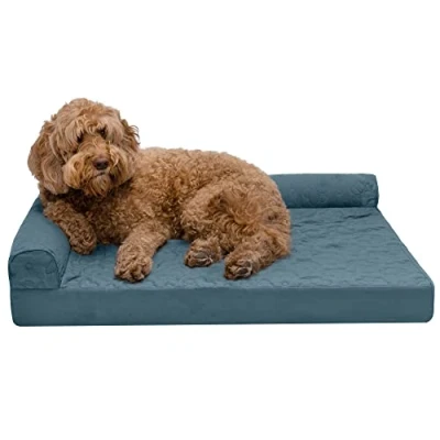 Image of Furhaven Large Orthopedic Dog Bed Pinsonic Quilted Paw L Shaped Chaise w/Removable Washable Cover Bluestone,