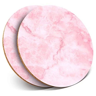 Image of 2 x Round Coasters Pink Marble Effect Stone Agate Art Cork Backed Home Kitchen Accessory Tea Coffee Mug Mat #24017