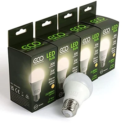 Image of ECO 60W E27 Edison Screw Energy Saving LED Light Bulbs, Low 8W LED, 806 Lumens, Warm White 3000K, 15,000Hrs Lifetime. 4X Pack.