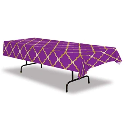 Image of A Beistle Creation 2 Piece Plastic Rectangular Arabian Nights Theme Lattice Table Covers Moroccon Tableware, Purple/Gold, 54 Inches x 108
