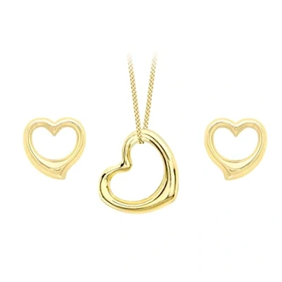 Image of Carissima Gold Women&#039;s 9ct Yellow Open Heart Earrings and Pendant on Curb Chain Necklace of 46cm/18&quot;