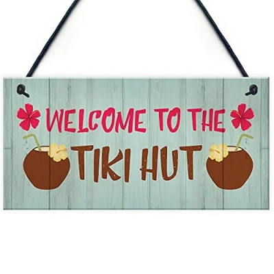 Image of RED OCEAN Tiki Hut Welcome Sign Novelty Home Bar Decor Signs Garden Plaques