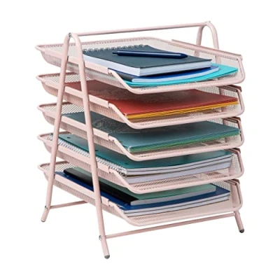 Image of Mind Reader Desk Organizer with 5 Sliding Trays for Letters, Documents, Mail, Files, Paper, Pink, Metal, Tier