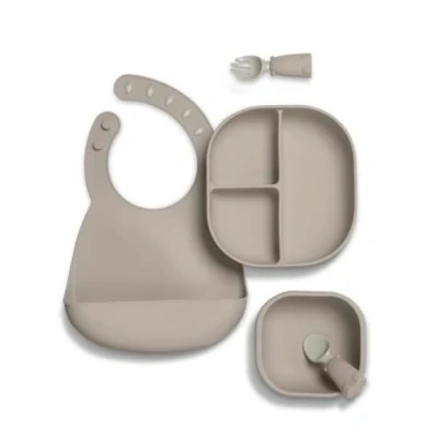 Image of Mamas &amp; Papas 4 Piece Silicone Weaning Starter Kit, BPA Free, Baby Plate and Bowl with Suction, Cutlery Adjustable Bib for Ages 6 18 Months Truffle