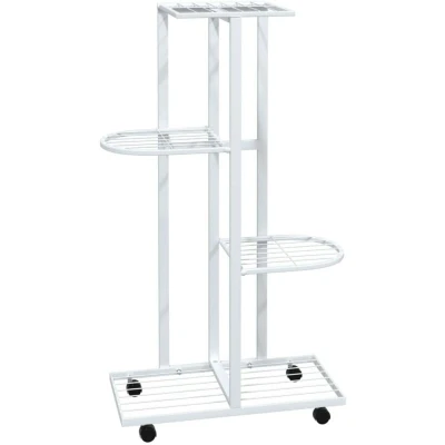 Image of vidaXL 4 Floor Flower Stand with Wheels 44x23x80 cm White Iron