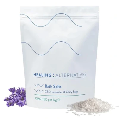 Image of CBD Bath Salts 1kg Lavender &amp; Clary Sage with 30mg Broad Spectrum Dead Sea Salts, Magnesium 21 Minerals for Joint Mobility, Hormonal Balance, Relaxation Calming, Skin Nourishing Soak