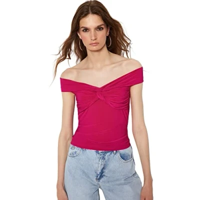 Image of Trendyol Women&#039;s Slim fit Basic Carmen Collar Knit Blouse, Fuchsia, S