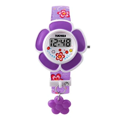 Image of SKMEI Girls Digital Watch Pink Purple Flower Pattern Watches with Date Calender LED Cute Cartoon Wristwatch for Little Girl Gift (Purple)