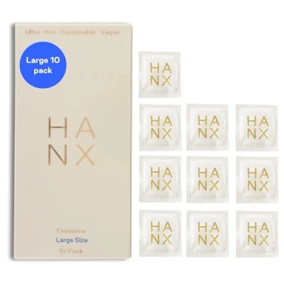 Image of HANX Large Size Condoms l Ultra Thin Lubricated Easy On Dermatologically Approved Protection Natural Latex Spermicide Free, Vegan Biodegradable (Pack of 10)