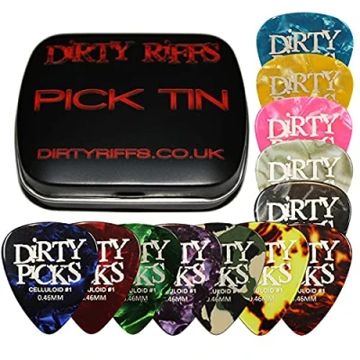 Image of Dirty Riffs 12 x Picks Premium Celluloid Guitar Picks/Plectrums In A Handy Pick Tin 4 Of Each Thin, Medium And Heavy (12 Thin 0.46mm)