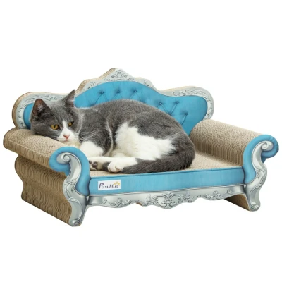 Image of PawHut 2 in 1 Cat Scratcher, Cardboard Scratching Board with Catnip, Scratch Pad for Indoor Cats, 30.5 x 55 31.5cm, Light Blue