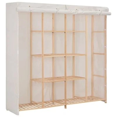 Image of vidaXL White Fabric Wardrobe with Solid Fir Wood Frame Ideal for Bedroom, Living Room, Kids Room Multi Compartments Scandinavian Style Clothing Storage 173x40x170 cm 10.84 kg