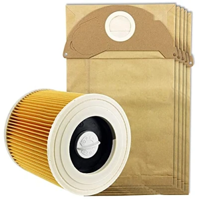 Image of SPARES2GO Wet &amp; Dry Cartridge Filter + Dust Bags for Karcher MV2 IPX4 Vacuum Cleaners (Filter 5 Bags)