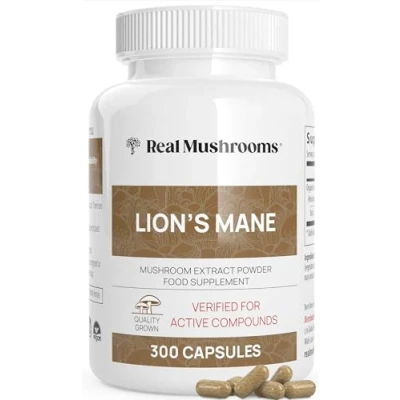 Image of Real Mushrooms Lion’s Mane Capsules Organic Lions Mushroom Extract for Cognitive Function &amp; Immune Support Brain Supplements Memory and Focus Vegan Supplement, 300 Caps