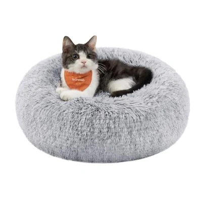 Image of Feandrea Dog Bed, Donut Cat Fluffy Calming Pet Bed with Removable, Washable Cover, Soft Long Plush, 40 cm, Grey Ombré PGW036G01