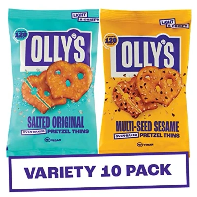 Image of Olly&#039;s Pretzel Thins, Variety Pack, 35g (Pack of 10), Handy Snack Pouches, Healthy Plant Based Vegan Snacks for Dipping, Low Calorie Snacks, Fat, Source Fibre, No Preservatives