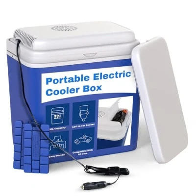 Image of Electric Cooler Box of 22L Large Cool Powered By 12V In Car Cigarette Lighter Socket Portable for Camping &amp; Picnics One Active Lid with Fridge Passive 2 Ice Packs