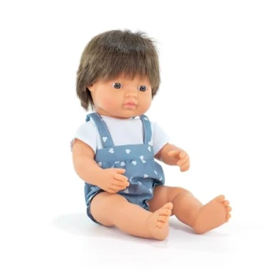 Image of Miniland Baby Doll Brunette Boy 38cm. Made in Spain with vanilla scent. Anatomically correct. My Friends &amp; Me collection