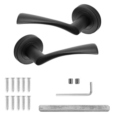 Image of Decoranddecor Apex Matt Black Lever On 54mm Rose Door Handles Internal Curved Design Aluminium Only