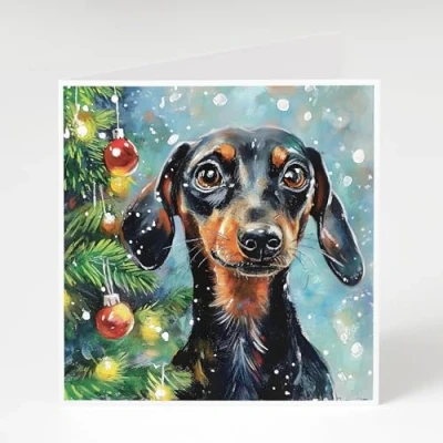 Image of black dachshund Christmas Cards Pack of 5 next to a tree. Printed on 300gsm card