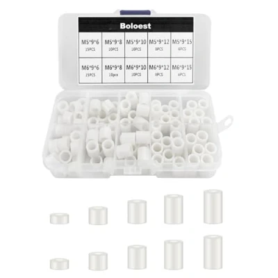 Image of 98pcs ABS Round Spacer Assortment Kit White Insulation for M5,M6 Screws Nylon Column Standoff Support with Plastic Box（White）