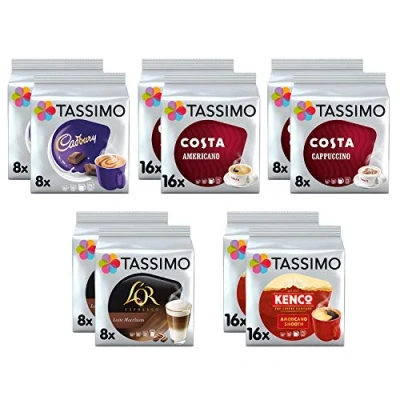 Image of Tassimo Coffee Selection Costa Cappuccino/Costa Americano/Cadbury Hot Chocolate/L&#039;Or Latte Macchiato/Kenco Americano Pods 10 Packs (112 Drinks)