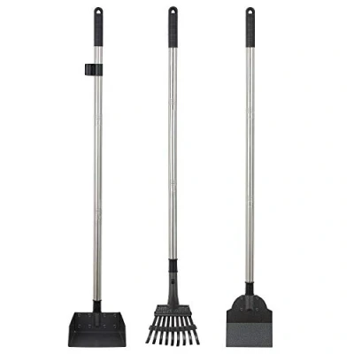 Image of Yangbaga Metal Pet Poop Tray and Rake, 2 Rakes with Adjustable Length, 33.8’’ Long Handle Dog Waste Pooper Scooper