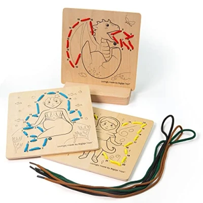 Image of Bigjigs Toys, Lacing By Numbers Mythical, Wooden Toy, Threading Toys For 3 Year Olds, Toddler Fine Motor Skills